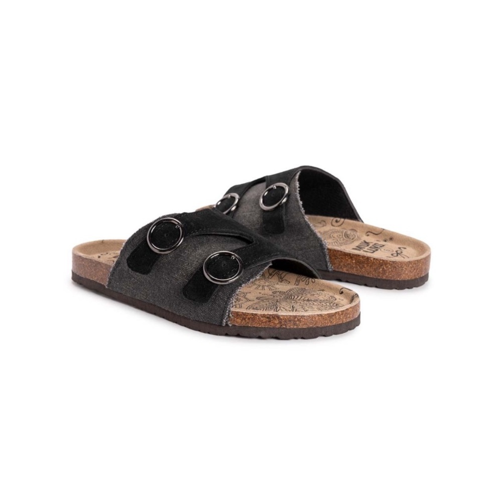 Muk Luks Gray and Black Slide Sandals with Buckle Straps